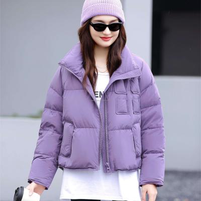 2025 New Fashion Trending Waterproof Women's Short Purple Winter Puffer Jacket with Stand Collar Fur Quilted Hooded Girls Coat
